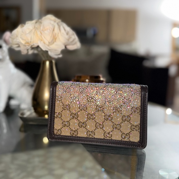 Bejeweled Brown Embellished Women's crossbody chain mini Bag - Picture 4 of 11